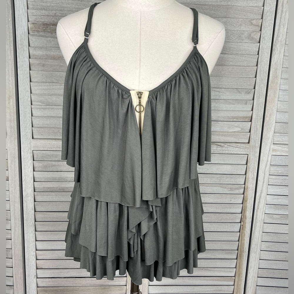 WILSTER Tank Top Racerback Tiered Ruffle Zip Front Army Green-Medium